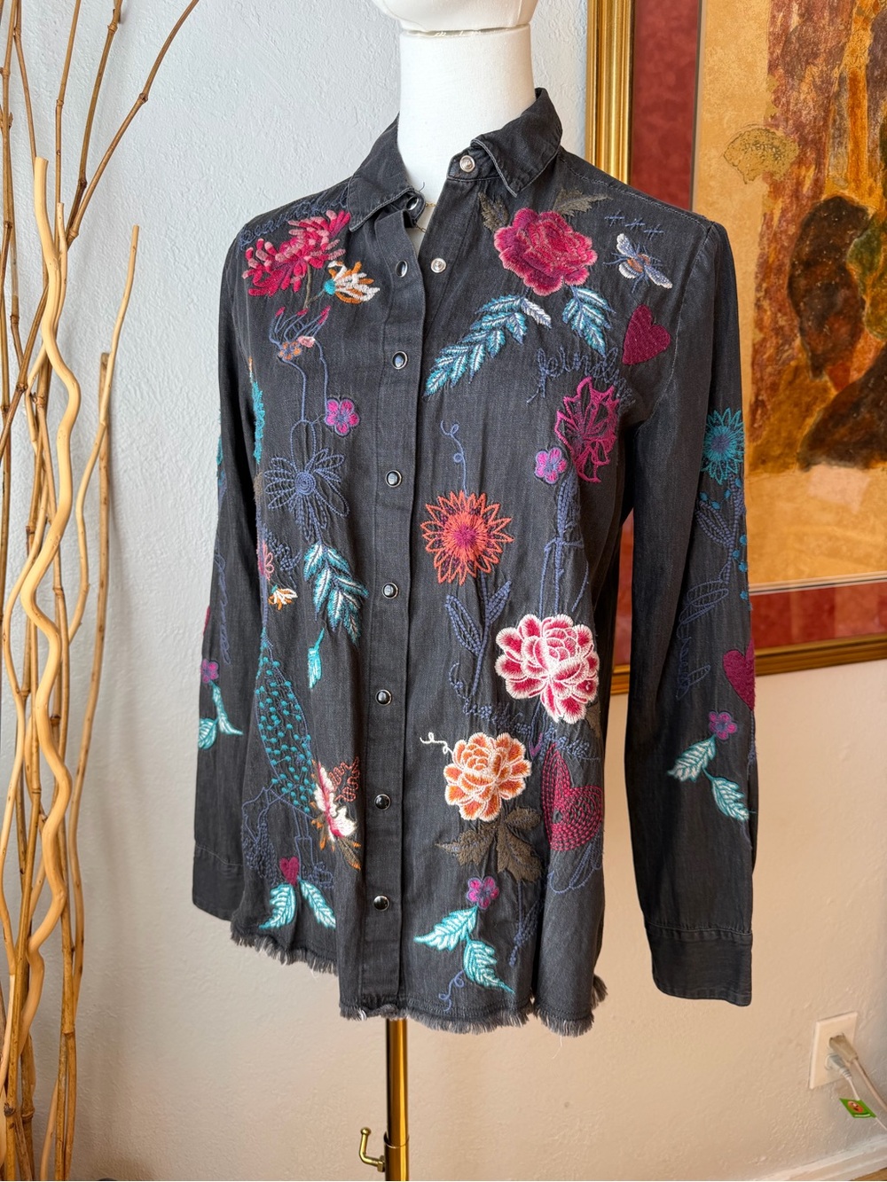 Johnny Was Embroidered Floral Snap Button Up Blouse Black Denim Look XS